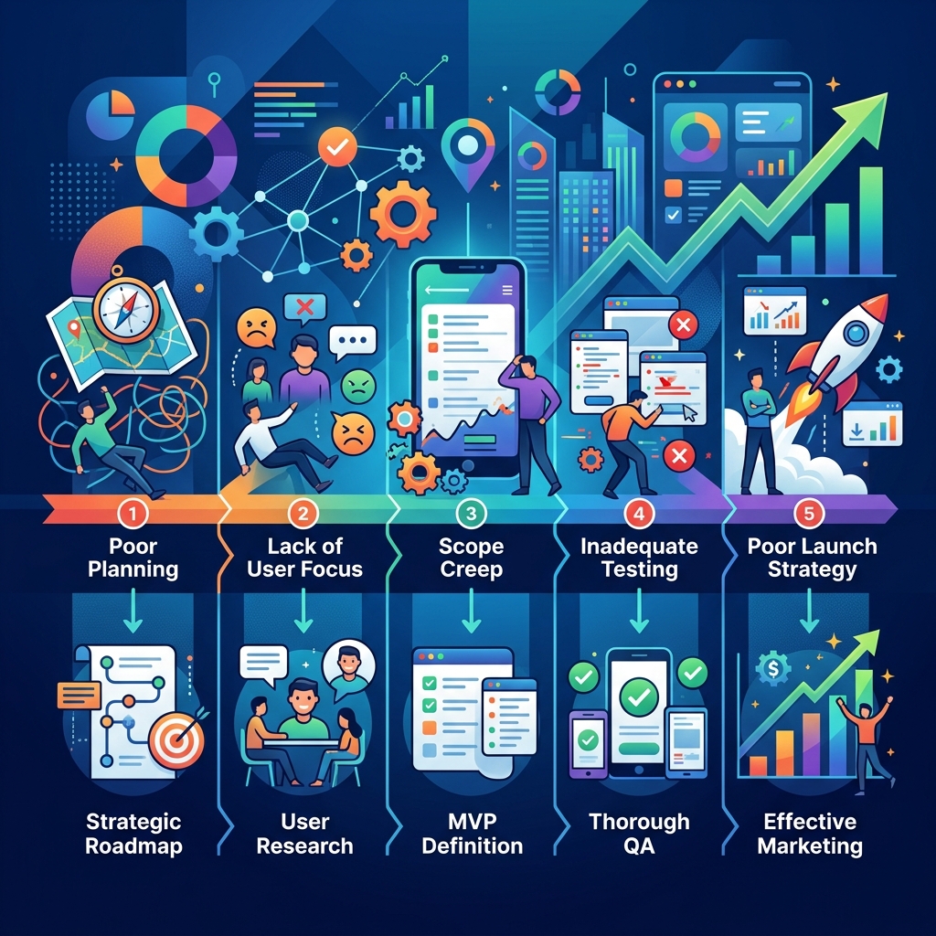 Mobile app development process showing project management tools and risk mitigation strategies