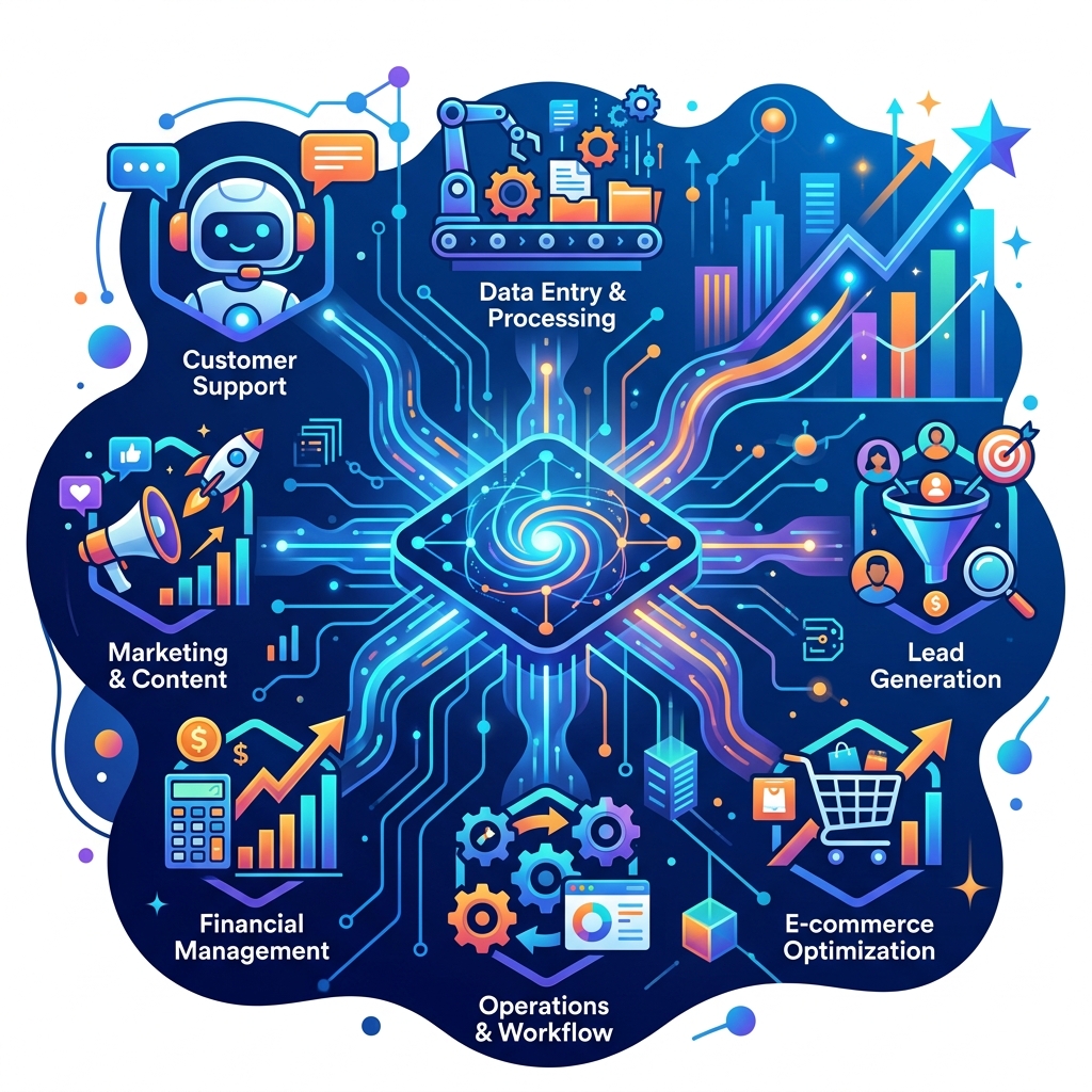 AI automation dashboard highlighting 7 key business tasks being processed by artificial intelligence
