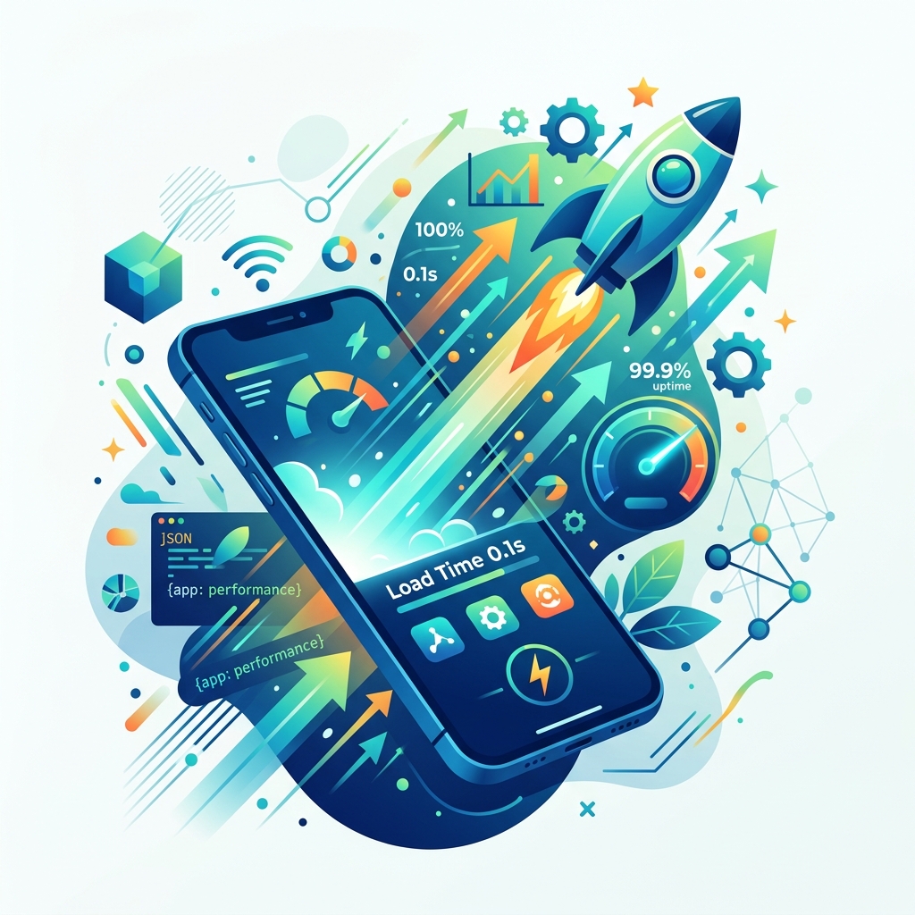 Mobile app performance metrics showing fast load times, 120Hz animations, and optimized CPU usage